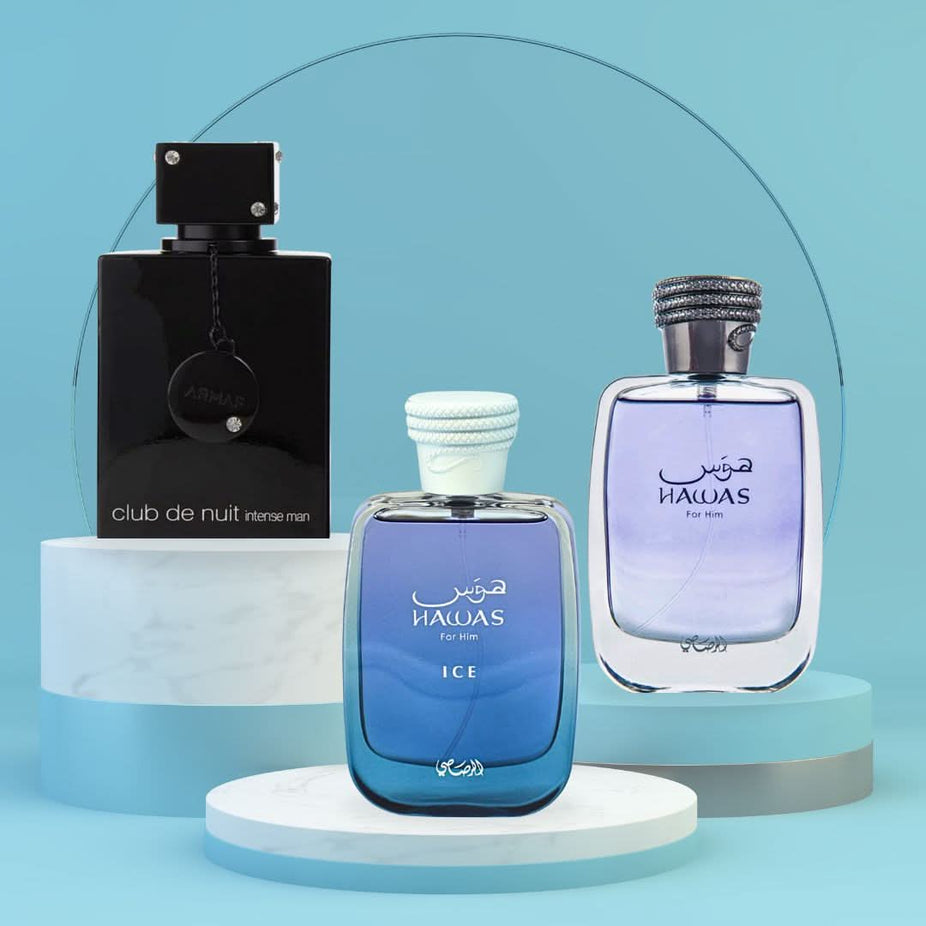 Four Intense Oud Hawas Ice Club De Nuit Intense Eau De Parfum sprays for men in a value pack, featuring sleek bottles with dark and icy designs.