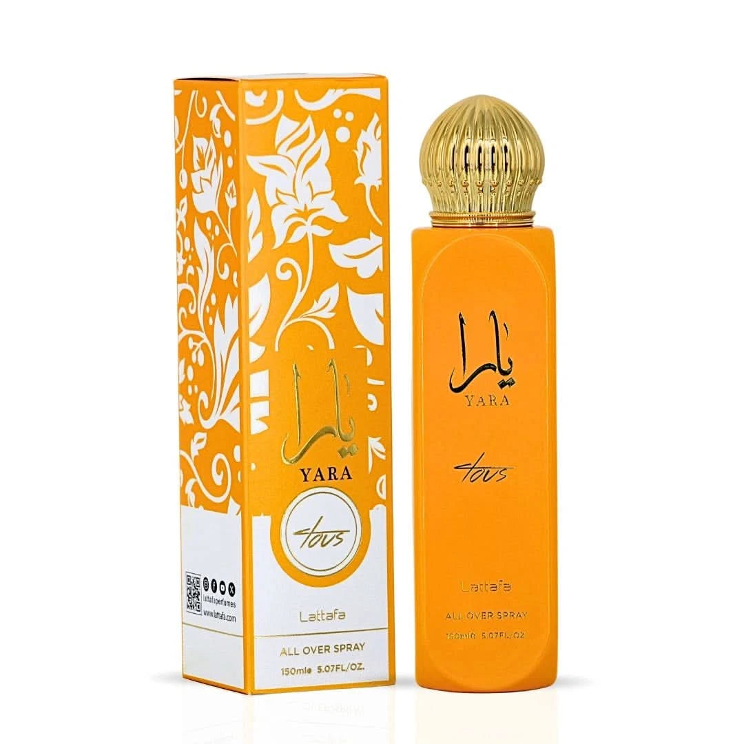 Lattafa Yara & Yara Tous All Over Sprays bundle with four 150ml bottles, featuring floral and fresh fragrance designs.