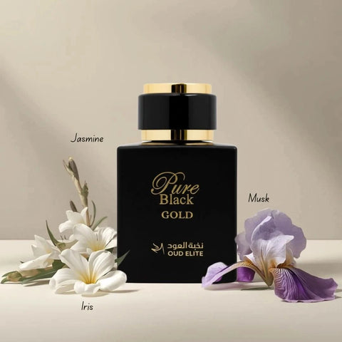 Pure Black Gold Eau de Parfum spray by Oud Elite, 100ml bottle with sleek black design and gold accents.