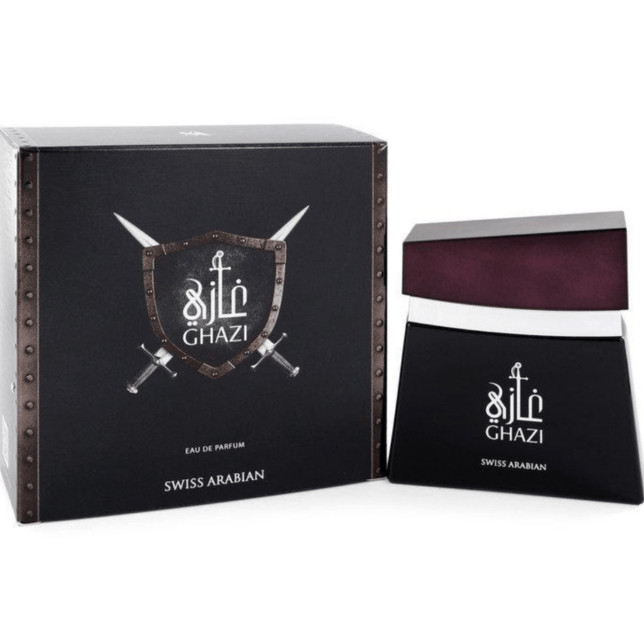 Swiss Arabian Ghazi for Men EDP 100ml bottle, sleek design, showcasing the elegant fragrance packaging.