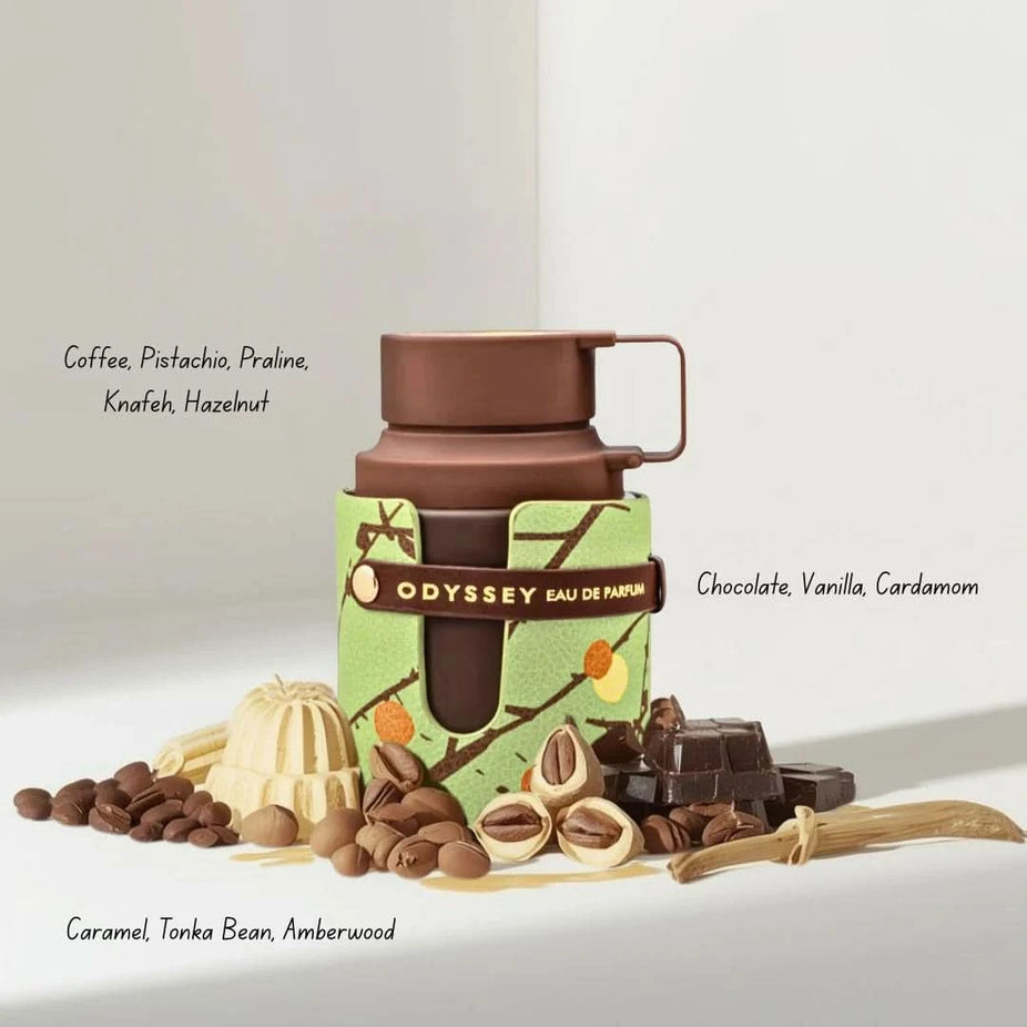 Bundle of Armaf Odyssey Eau de Parfum sprays including Marshmallow, Candee, Dubai Chocolat, Toffee Coffee, and Black Forest fragrances.
