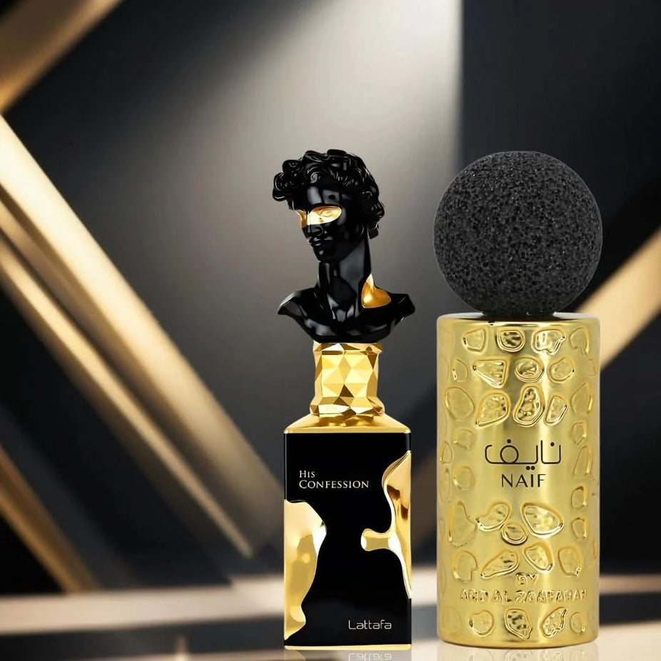 Bundle of Lattafa His Confession and Naif Ard Al Zaafaran Eau de Parfum sprays, 100ml each, featuring sleek bottle designs.