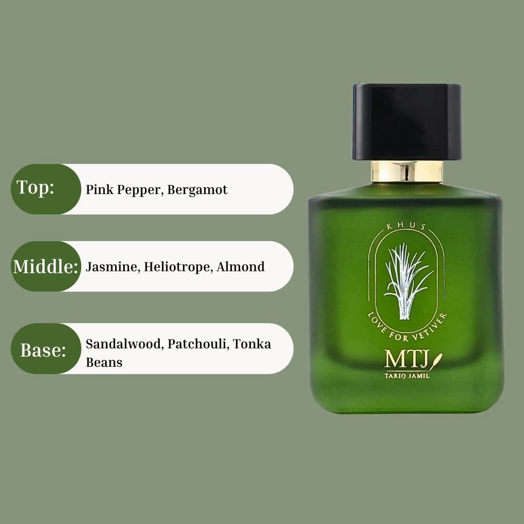 MTJ Khus Love Vetiver EDP Spray 100ML featuring floral, warm, woody scent in an elegant bottle, unisex fragrance design