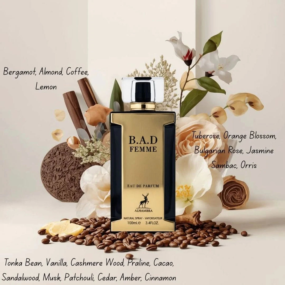 Maison Alhambra B.A.D. Femme Eau de Parfum spray bottle, 100ml, featuring elegant packaging and perfume liquid.