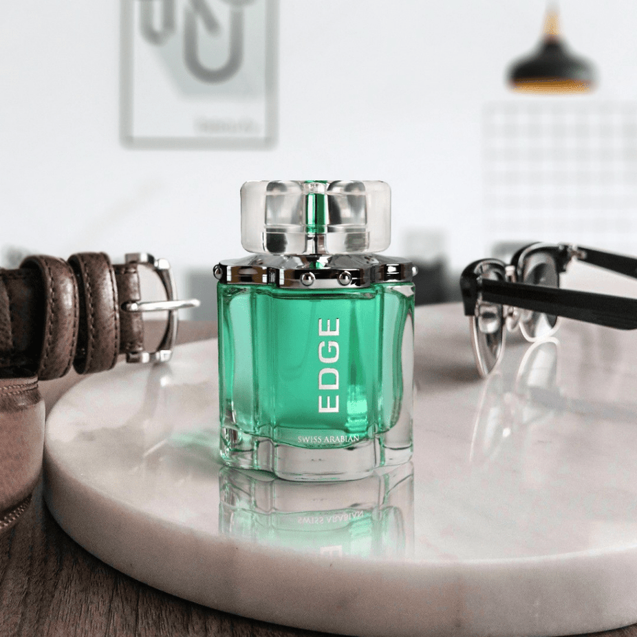 Swiss Arabian Edge couple set for men and women, 100 ml perfume bottles, elegant packaging, featuring sleek design.
