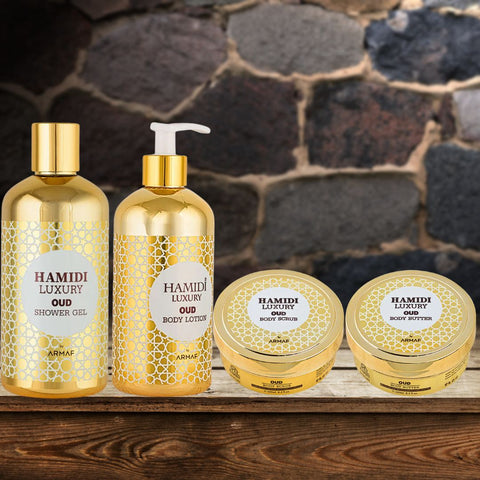 4PCS LUXURY OUD - Bath & Body Gift Set Magnetic Box By Hamidi | Ultra Moisturizing, Skin-Nourishing, Naturally Derived Ingredients. (PACK OF 4) - Intense Oud
