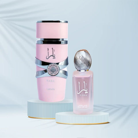 Lattafa Yara Eau de Parfum spray and Yara Fresh Hair Mist bundle, featuring elegant bottles with floral and fresh scent designs.