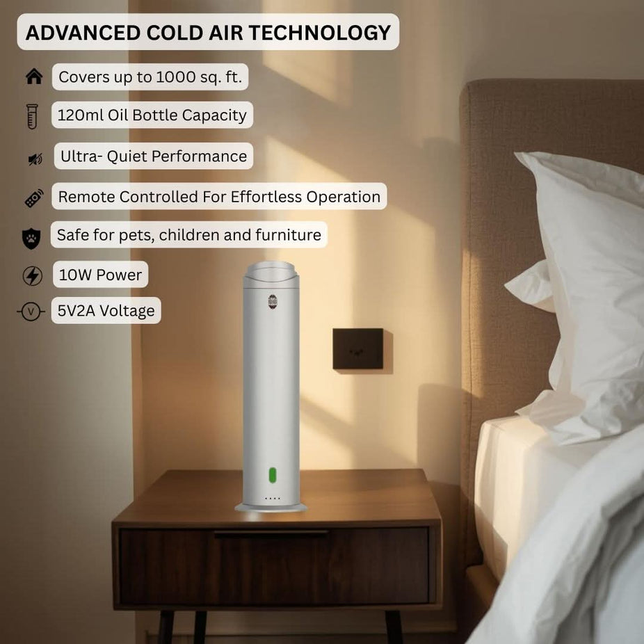 Intense Oud Silver Aromatherapy Diffuser with remote, 120ml capacity, adjustable mist, timer, and sleek waterless design for home or office