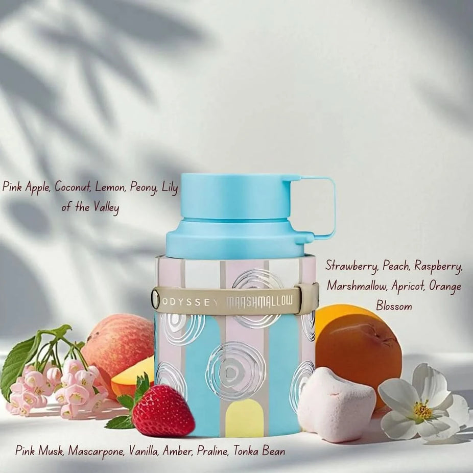 Odyssey Marshmallow Gourmand Edition Eau De Parfum spray by Armaf, 100ml, featuring a luxurious bottle with elegant design.