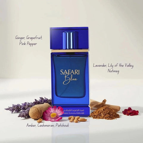 Safari Blue Extrait de Parfum Spray by Abdul Samad Al Qurashi, 75ml EDP bottle with a sleek design.