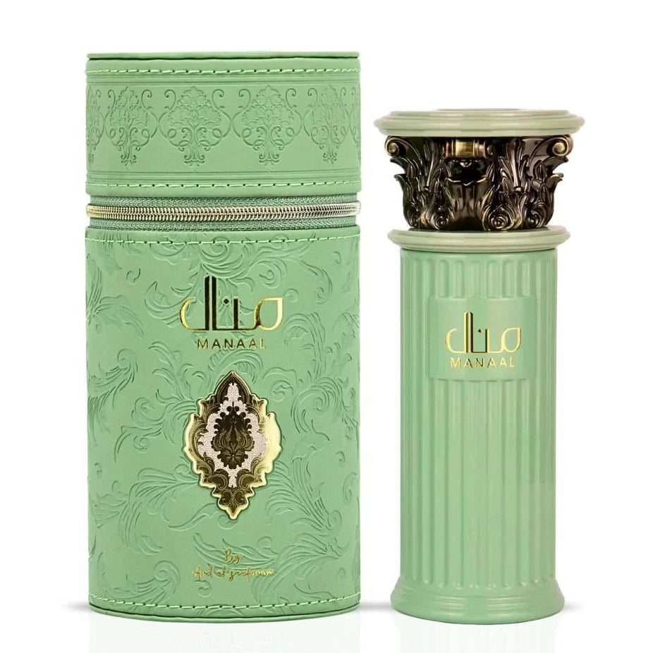 Bundle of four 100ml Eau de Parfum sprays by Intense Oud, featuring Luxure Woman by Rave, Manaal by Ard Al Zaafaran, and Ghalya by Hamidi.