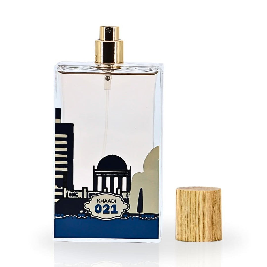 Khaadi 021 Eau de Parfum Spray 100ml with elegant bottle design, showcasing the fragrance’s luxurious and sophisticated appearance.