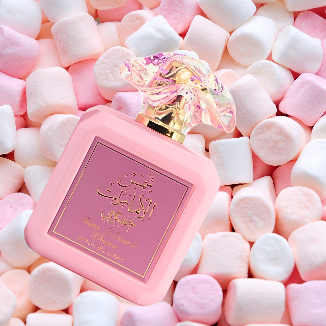 Pink Blush Shams Al Emarat Khususi and Now Women Eau de Parfum sprays by Intense Oud, 100ml bundle, with floral and fresh fragrance bottles.