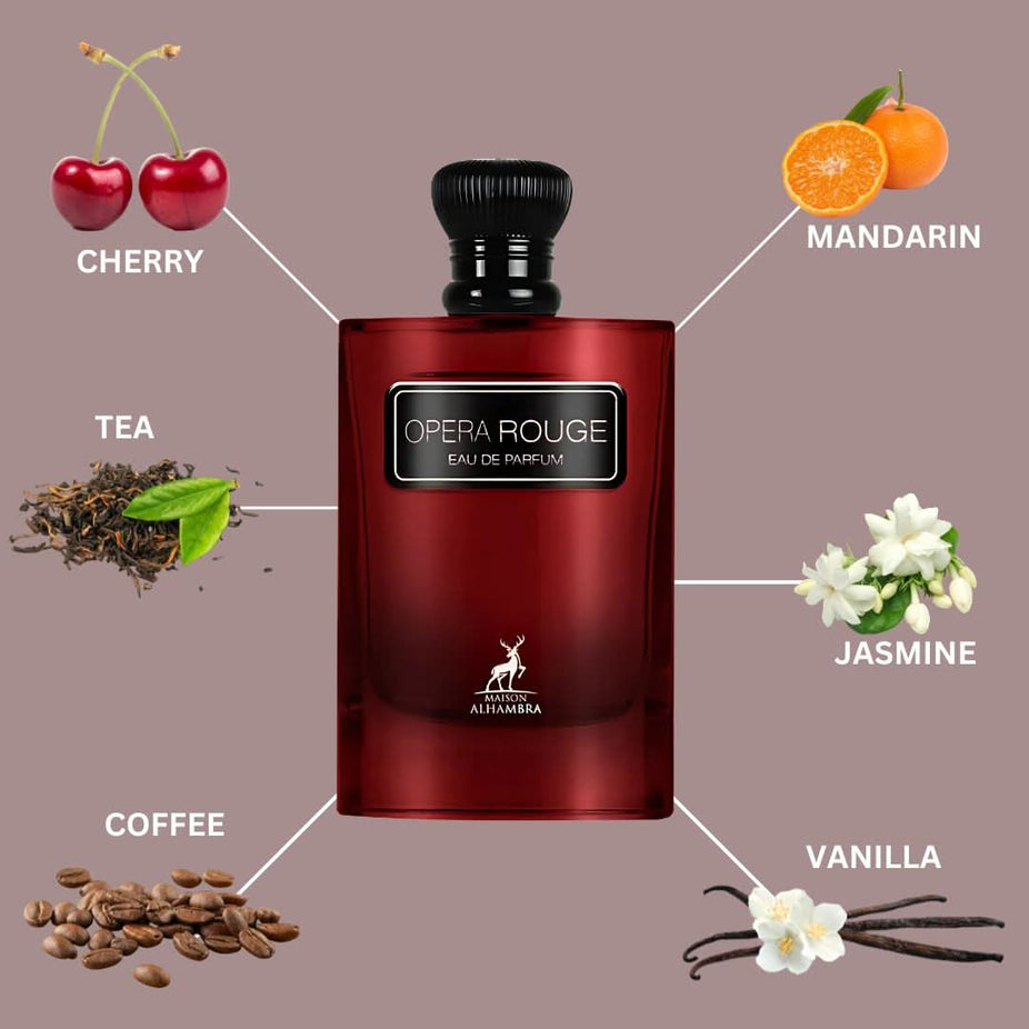Maison Alhambra Opera Rouge Eau de Parfum spray 100ml bottle with elegant packaging and floral design.