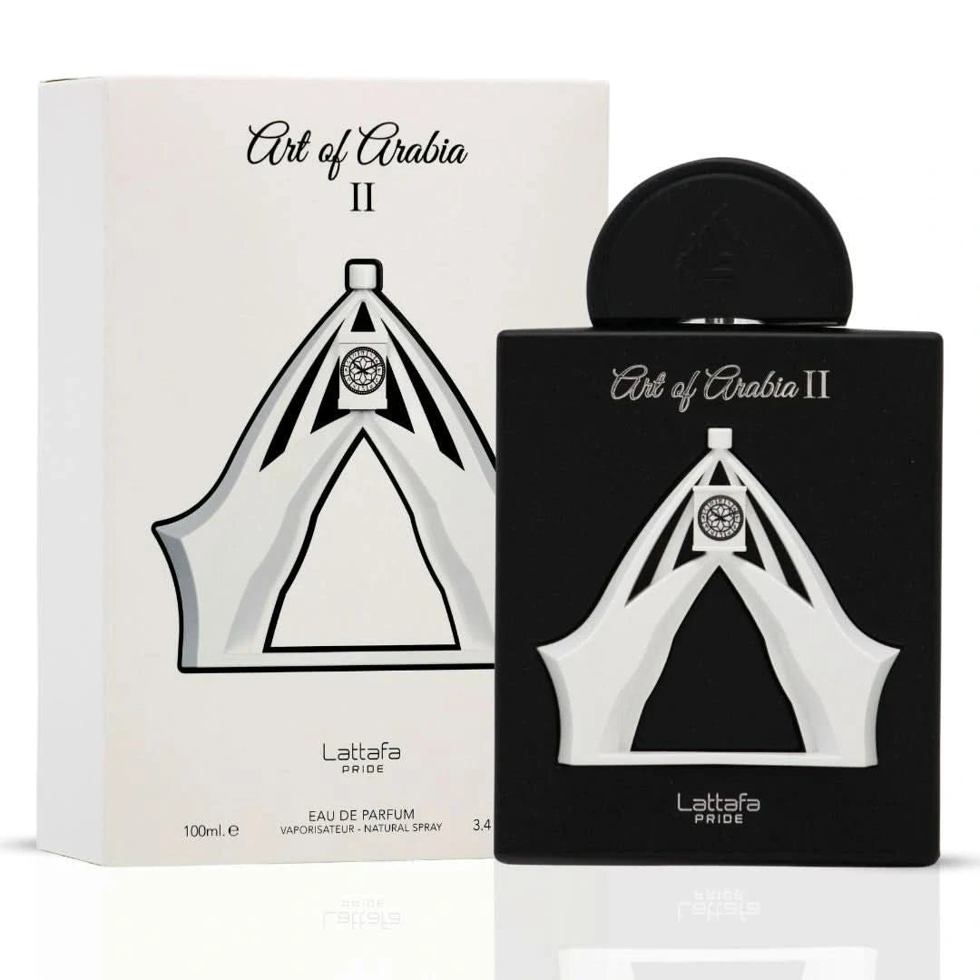 Lattafa Art Of Arabia Eau de Parfum spray bundle with three 100ml bottles, featuring elegant perfume bottles and branding.