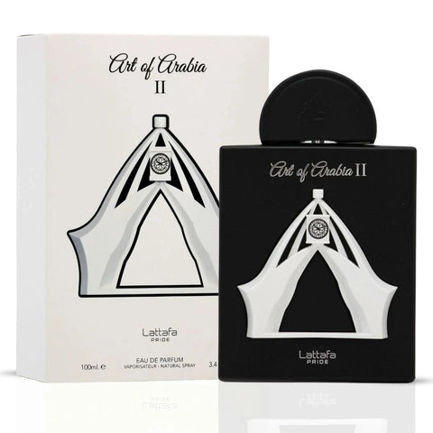 Lattafa Art Of Arabia Eau de Parfum spray bundle with three 100ml bottles, featuring elegant perfume bottles and branding.