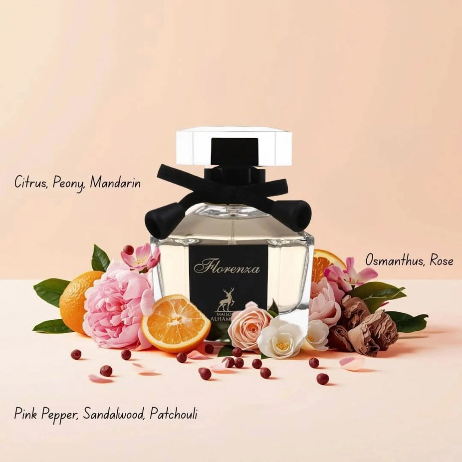 Florenza Eau de Parfum spray by Maison Alhambra, 100ml bottle with elegant packaging and floral design.