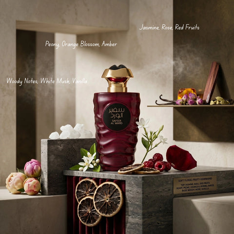 Safeer Al Ward Eau de Parfum spray by Ard Al Zaafaran, 100ml bottle, elegant glass container with floral fragrance notes.