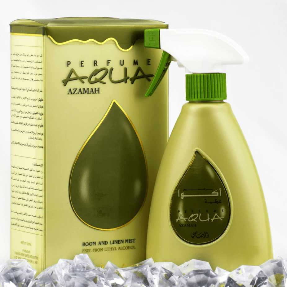 Aqua Azamah air freshener bottle by Rasasi, 375ml size with a sleek design and label featuring blue and white colors.