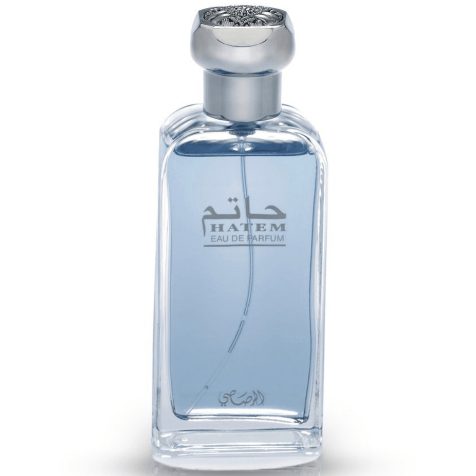 Rasasi Hatem for Men Eau De Parfum 75ML bottle, sleek design, with fragrance notes visible in the image.