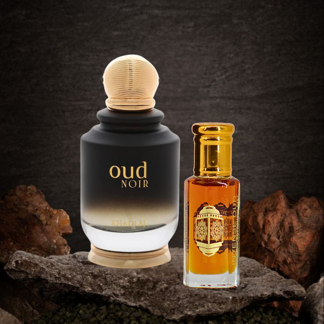 Oud Noir EDP Spray 100ML (3.4OZ) By Khadlaj & Nouf Perfume Oil 12ML (0.4 OZ) By Intense Oud With Magnetic Gift Box | Exude Sophistication With Every Spray. - Intense Oud