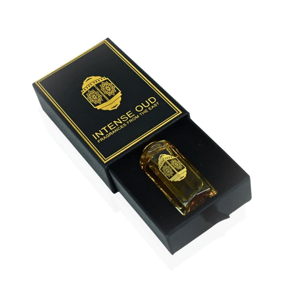 Nayel Perfume Oil 12ml by Intense Oud in a black gift box, showcasing the clear loose oil bottle with elegant branding.