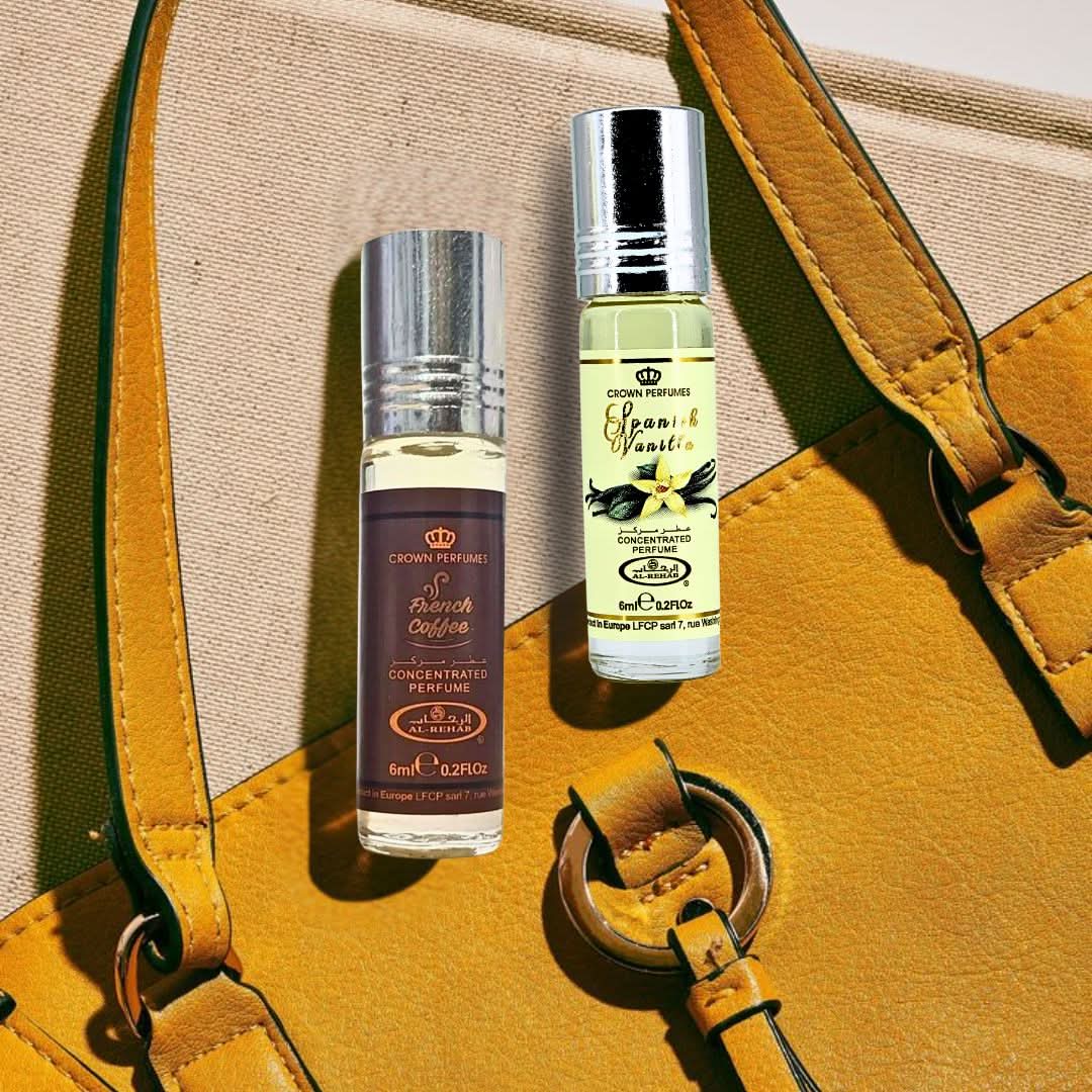 Al Rehab bundle of four 6ml perfume oils featuring Spanish vanilla and French coffee scent bottles.
