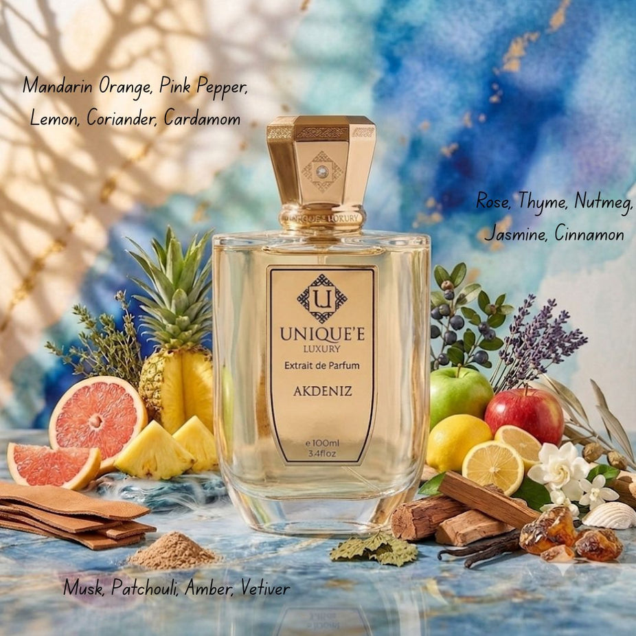 Unique'e Luxury Akdeniz Extrait de Parfum Spray 100ml, elegant fragrance bottle with luxurious design.