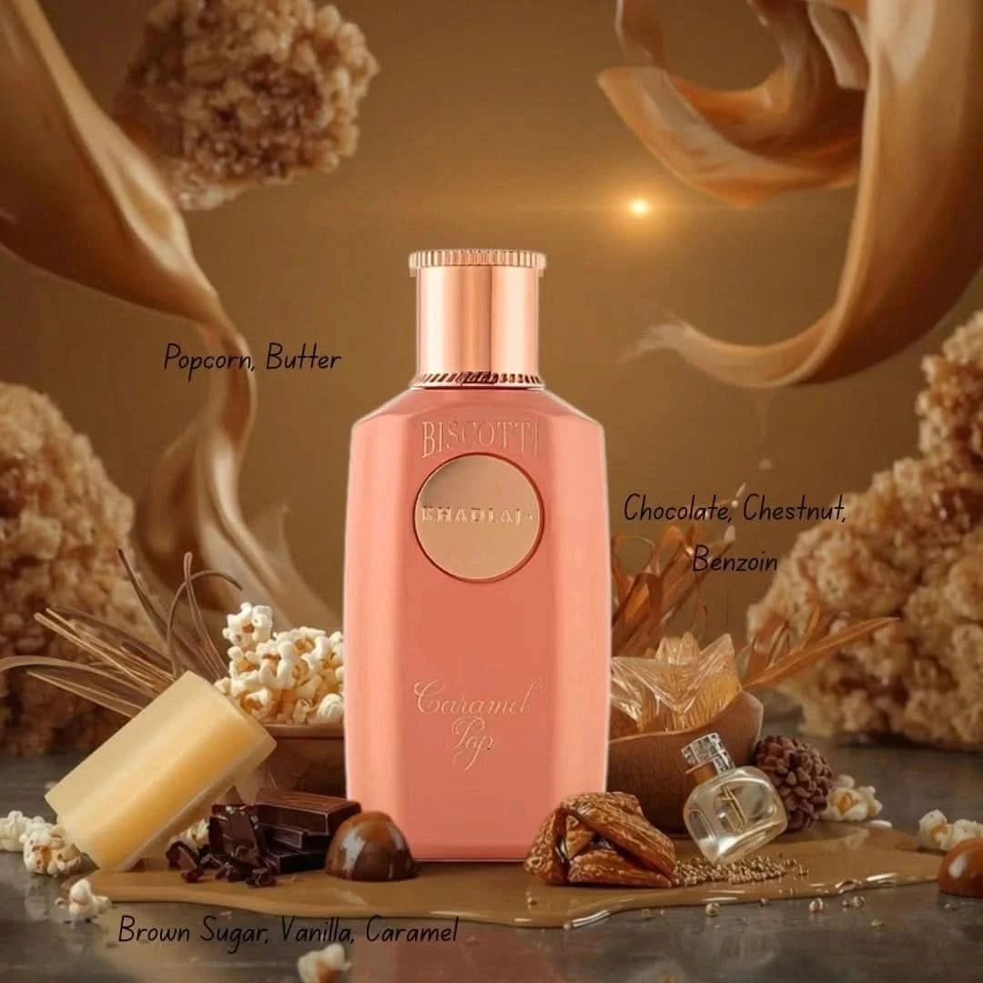 Khadlaj Biscotti Caramel Pop Eau de Parfum spray 100ml with velvet pouch, featuring a sleek perfume bottle and caramel scent notes.