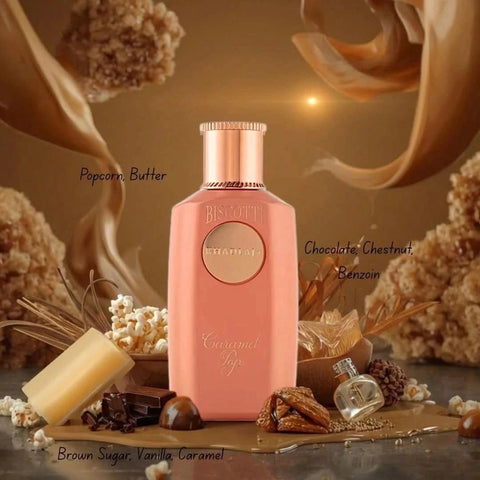 Khadlaj Biscotti Caramel Pop Eau de Parfum spray 100ml with velvet pouch, featuring a sleek perfume bottle and caramel scent notes.