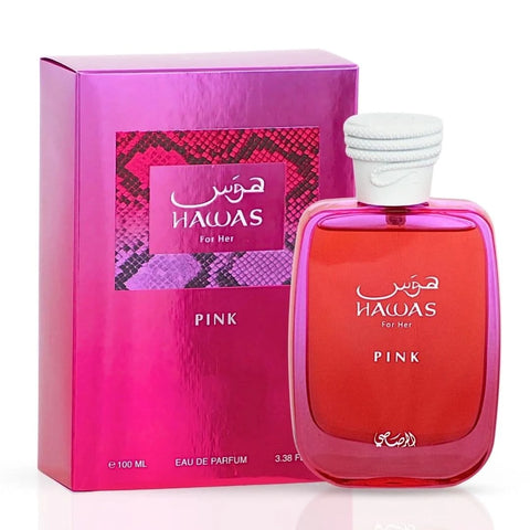 Rasasi Hawas for Him and Hawas Pink for Her Eau de Parfum 100ml bundle, featuring elegant perfume bottles with decorative caps.