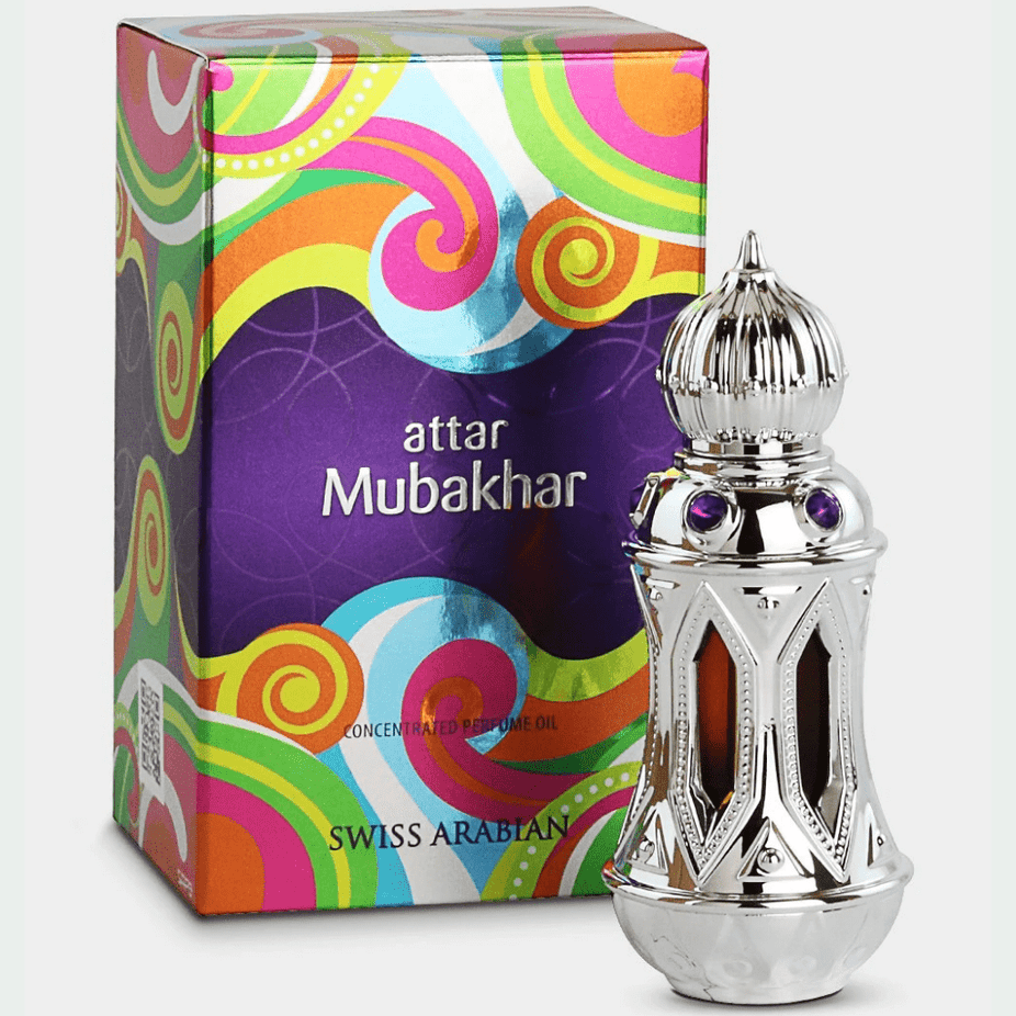 Swiss Arabian Attar Mubakhar perfume oil in a 20ML bottle, concentrated CPO with elegant packaging and aromatic design.