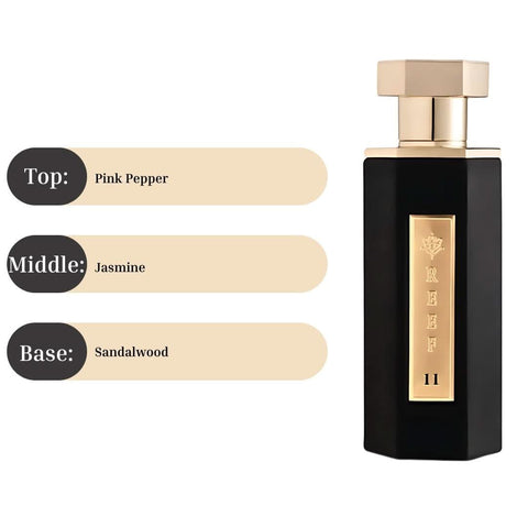 Reef 11 Eau de Parfum spray in 100ml bottle with velvet pouch, featuring elegant glass container and silver cap.