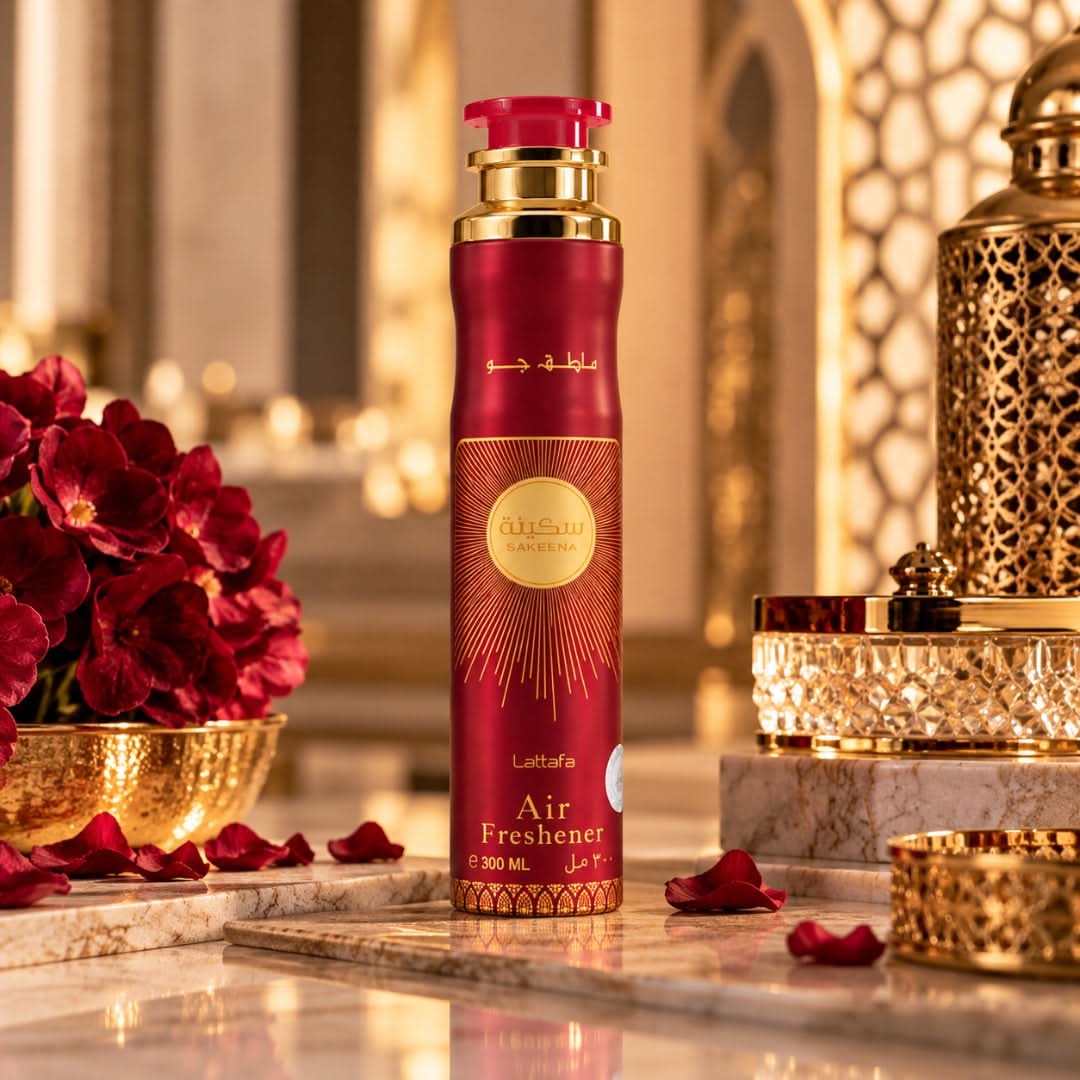 Lattafa Sakeena air freshener 300ml bottle with floral and citrus scent, featuring a sleek design.