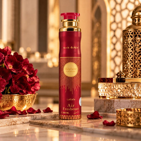 Lattafa Sakeena air freshener 300ml bottle with floral and citrus scent, featuring a sleek design.