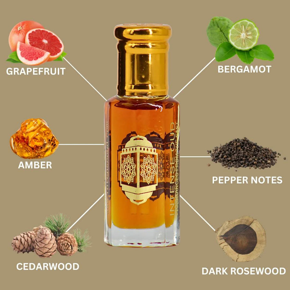 Intense Oud Nouf Perfume Oil 12ml in black gift box, featuring a clear glass bottle with a dropper for loose perfume oil application.