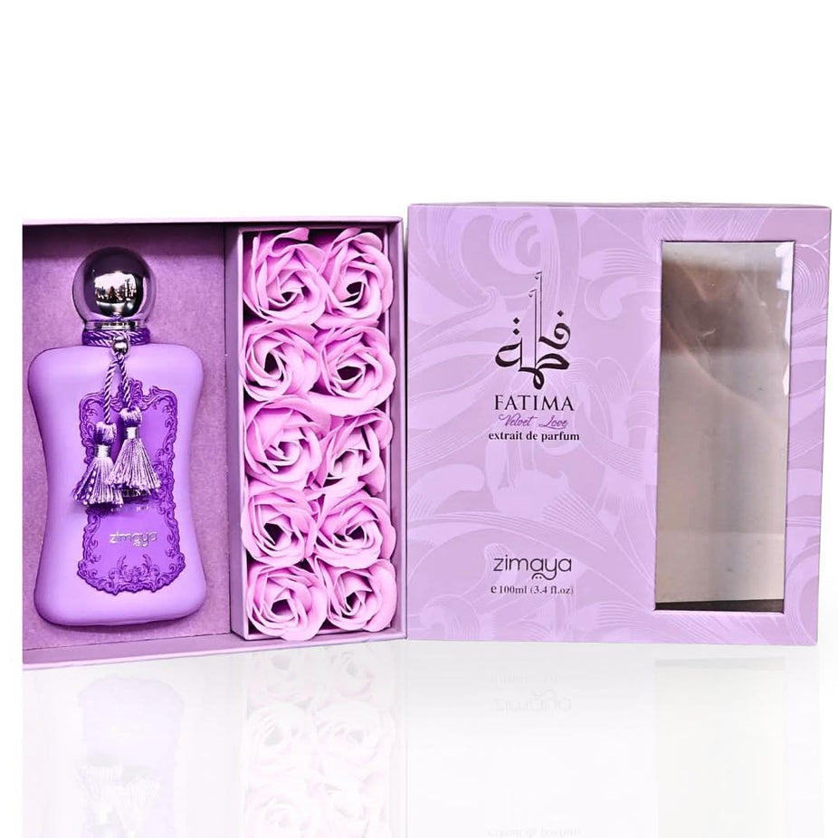 Zimaya Fatima Velvet Love Extrait de Parfum spray 100ml, elegant glass bottle with floral and velvet design details.