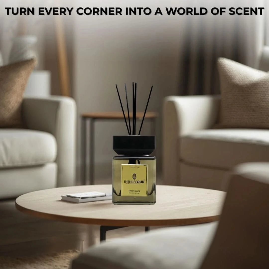 Intense Oud Amber Allure reed diffuser in a glass holder with natural reed sticks, 500ml capacity, fragrant for up to 90 days.