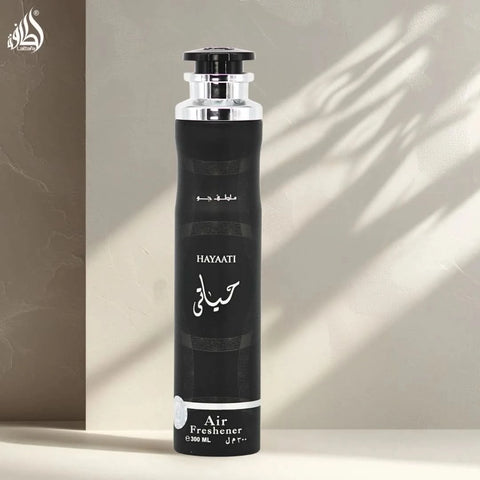 Lattafa Hayaati Air Freshener 300ml bottle with floral and fruity scent, featuring a sleek design and spray nozzle.