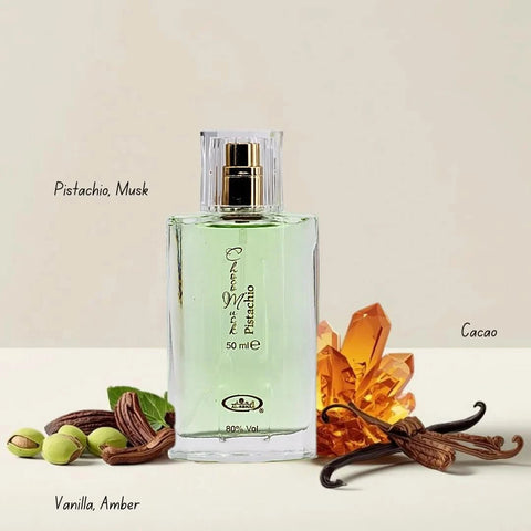 Al Rehab Choco Musk Pistachio perfume gift set with three elegant bottles and decorative packaging in a stylish gift box.