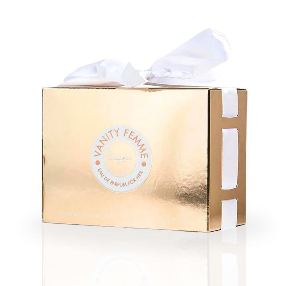 Armaf Vanity Femme Essence EDP spray 100ML bottle, elegant fragrance packaging with a luxurious design and floral accents.