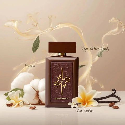 Mashaer Oud Eau de Parfum Spray by Oud Elite, 100ml, featuring elegant bottle design and luxurious oud fragrance.