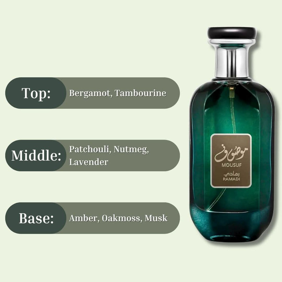 Mousuf Ramadi EDP Spray by Ard Al Zaafaran, 100ML, featuring a long-lasting, refreshing blend of green floral and aromatic notes.