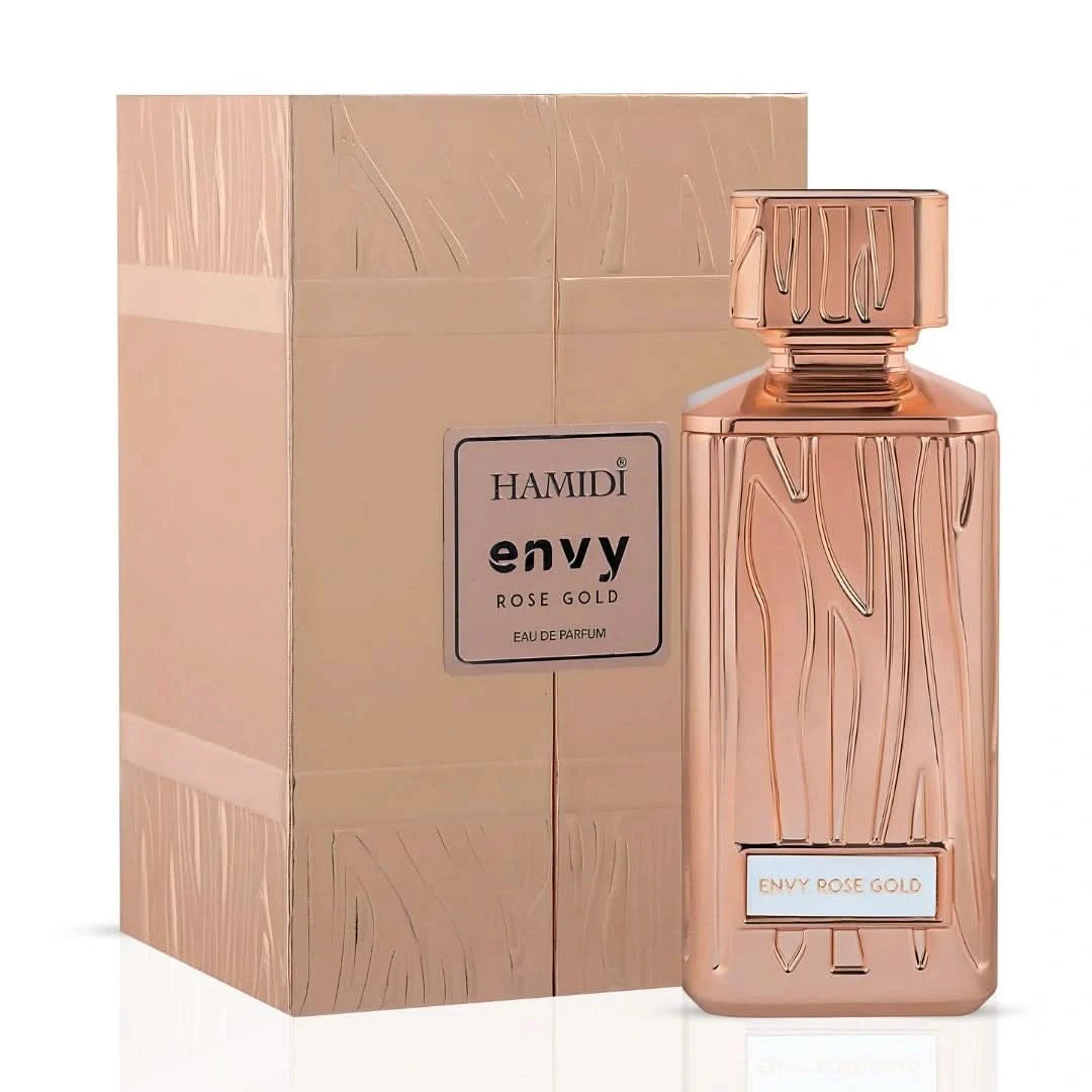 Hamidi Envy Rose Gold and Gold Eau de Parfum sprays in a 100ml bundle, featuring elegant bottles with gold accents.