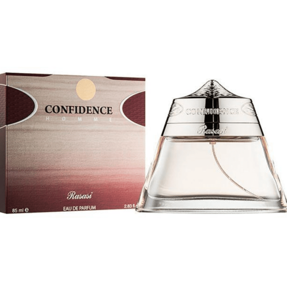 Rasasi Confidence for Men Eau De Parfum bottle, 85 ML, with sleek design and dark fragrance liquid visible inside.