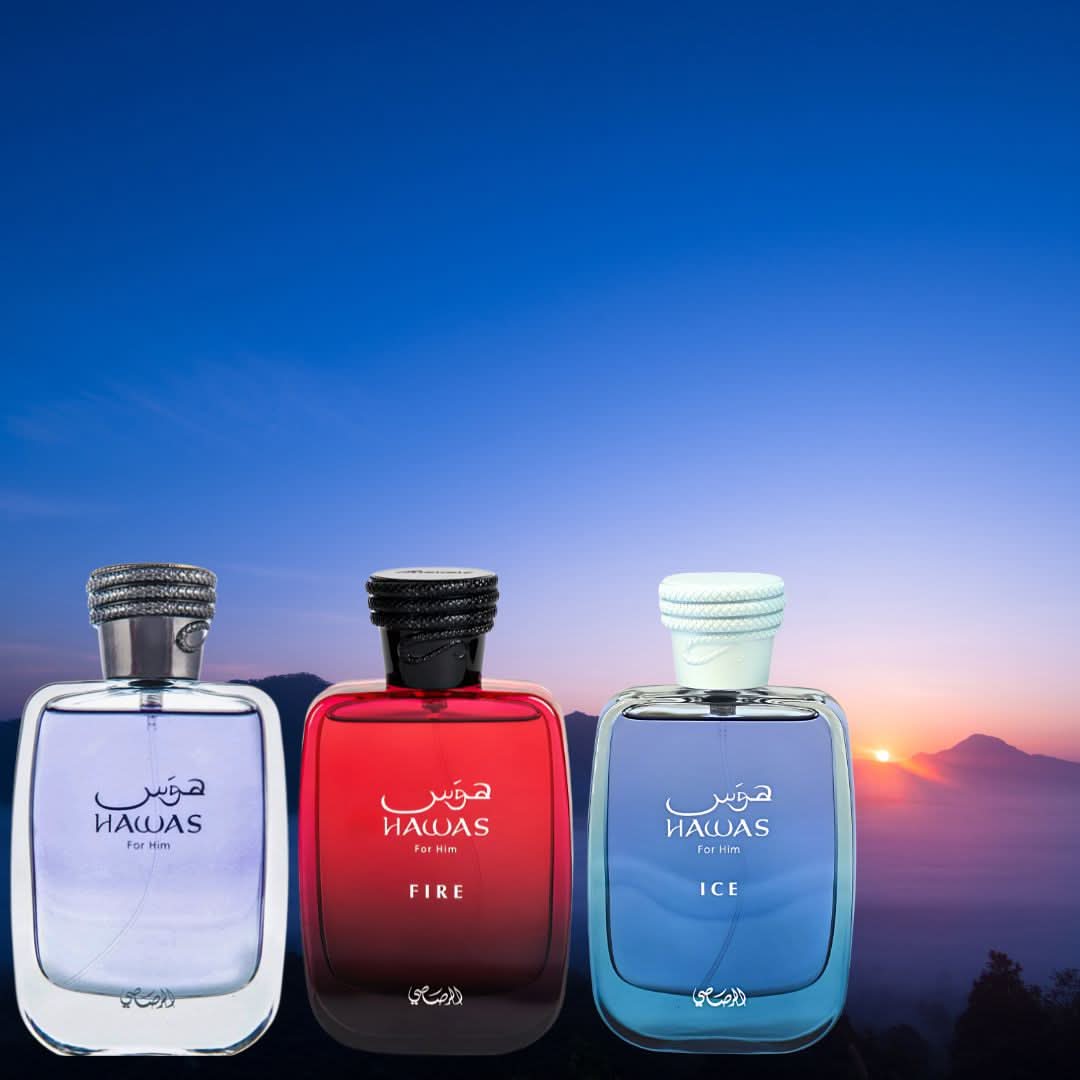 Rasasi Hawas Ice and Hawas Fire Eau de Parfum sprays in a 100ml value pack, featuring sleek bottles with vibrant labels.