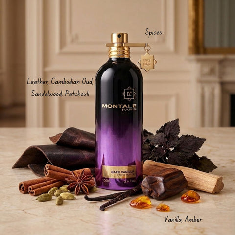 Montale Dark Vanilla Eau de Parfum spray 100ml bottle, featuring a sleek glass design and dark-colored cap.