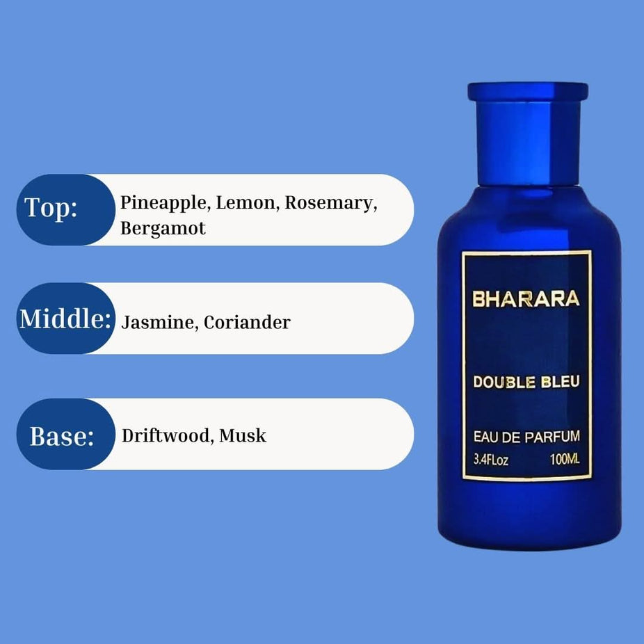Bharara Double Bleu Eau de Parfum spray bottle, 100ml, with sleek design and blue accents, by Bharara.