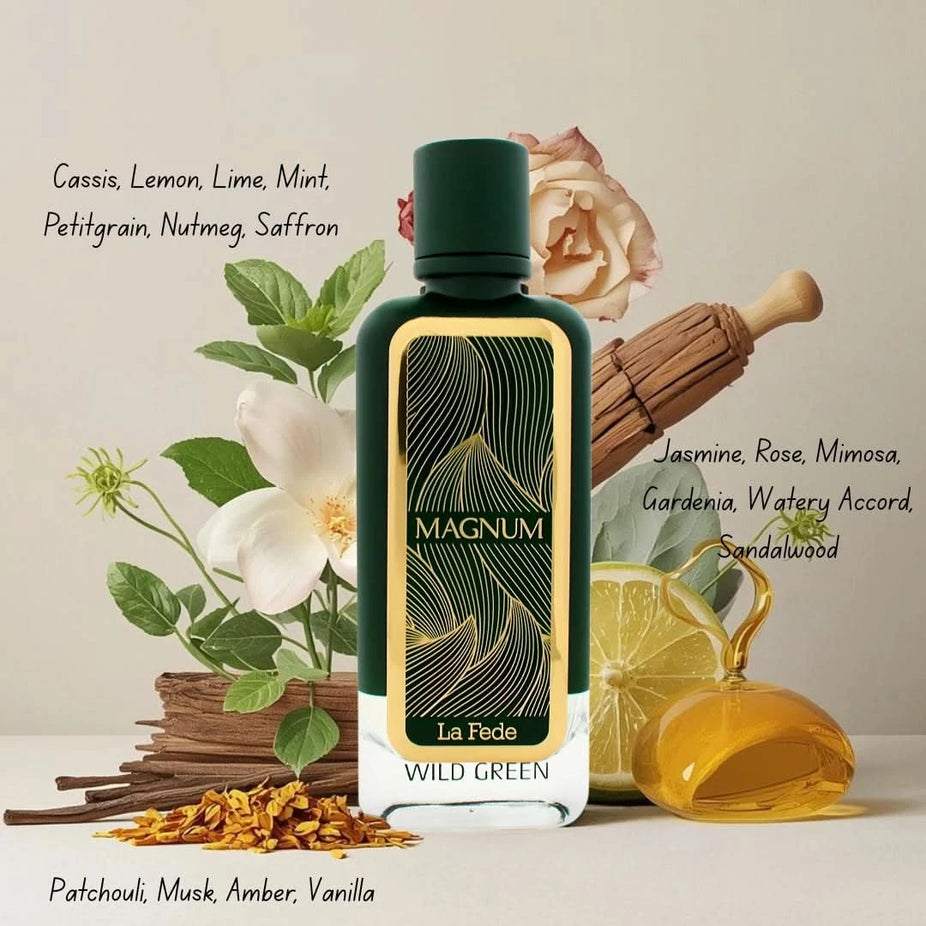 Khadlaj La Fede Magnum Wild Green Eau de Parfum spray 100ml, featuring a sleek green bottle and elegant cap.