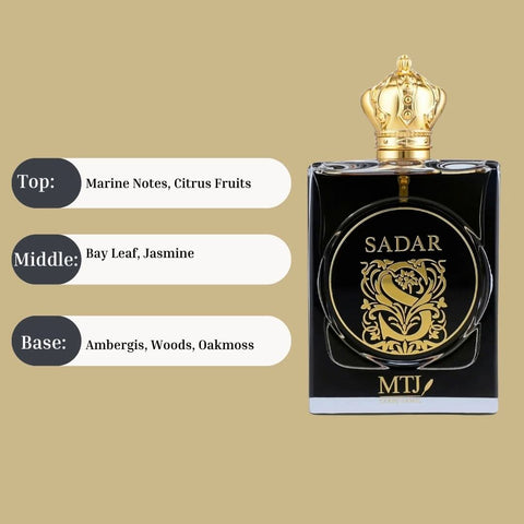 MTJ Sadar EDP spray 100ML bottle, showcasing elegant packaging for a long-lasting, refreshing aquatic and woody unisex perfume.